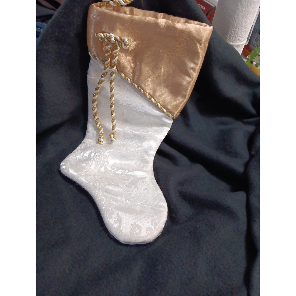 Elegant Ivory Satin Christmas Stocking Gold Corded Glitter Damask 16" Lined